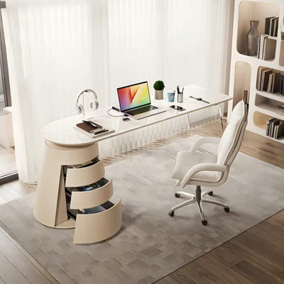 Coffee Color Half-circle Sintered Stone Solid Wood Writing Desk,3-drawer | Wayfair North America