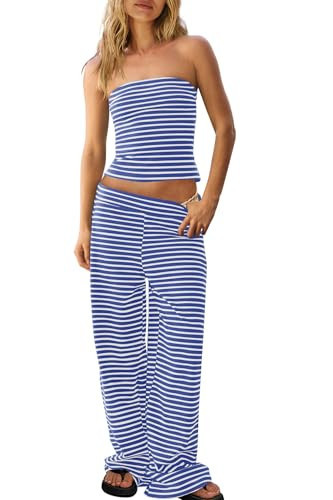 Panadila Womens Striped Two Piece Sets Summer Lounge Outfits Sailor Tube Top and Pants Matching Set Beach Vacation Travel Y2k (Royal Blue Combo,XL) | Amazon (US)