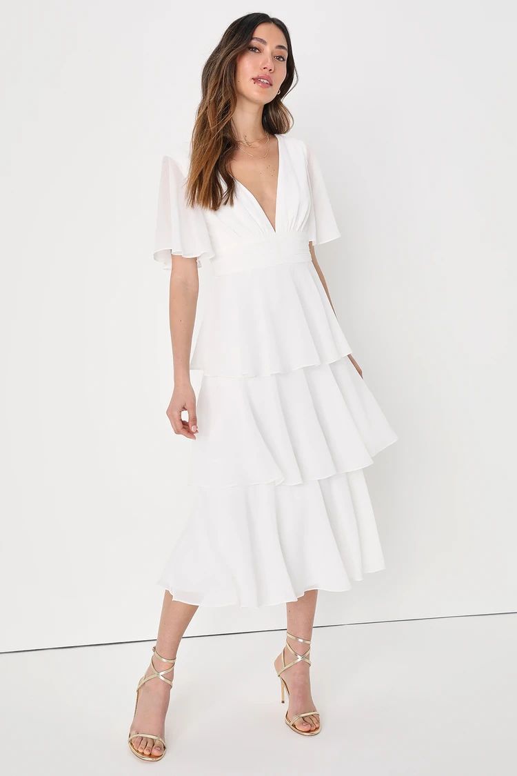 Ways of the Heart White Flutter Sleeve Tiered Midi Dress | Lulus (US)