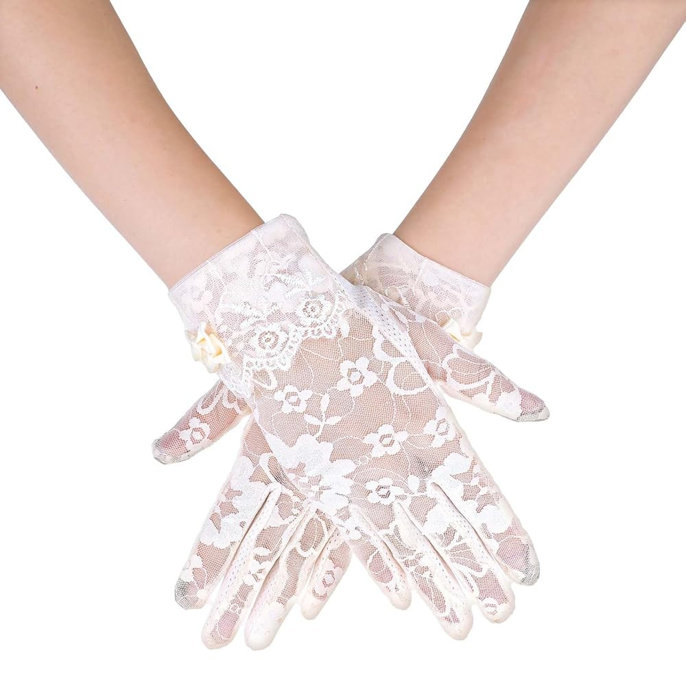Yolev Lace Gloves Women Short Floral Tea Gloves With Bow Mitten Summer Glove Women for Wedding Op... | Amazon (UK)