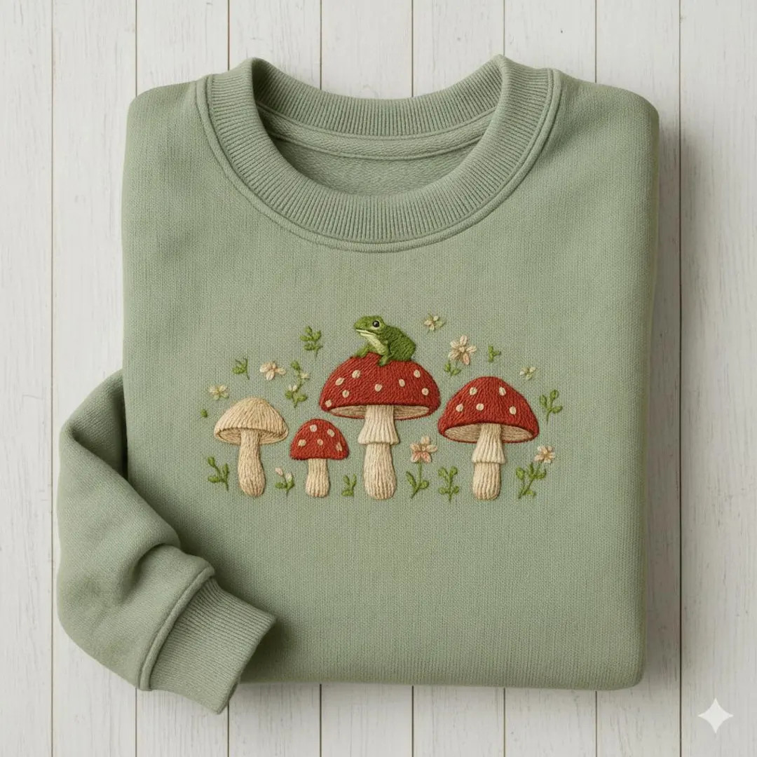 Embroidered Mushroom Sweatshirt, Cottagecore Frog Crewneck | Etsy (US)