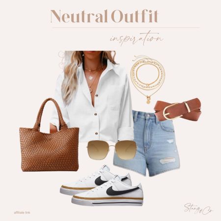 Neutral outfit inspiration! Pair a button up white blouse with denim shorts (these are tall friendly!), Nike Court Legacy sneakers, a brown belt, woven tote bag, layered gold necklace, and aviator sunglasses.

Ootd, amazon fashion, spring outfit, summer outfit

#LTKstyletip #LTKshoecrush #LTKfindsunder50