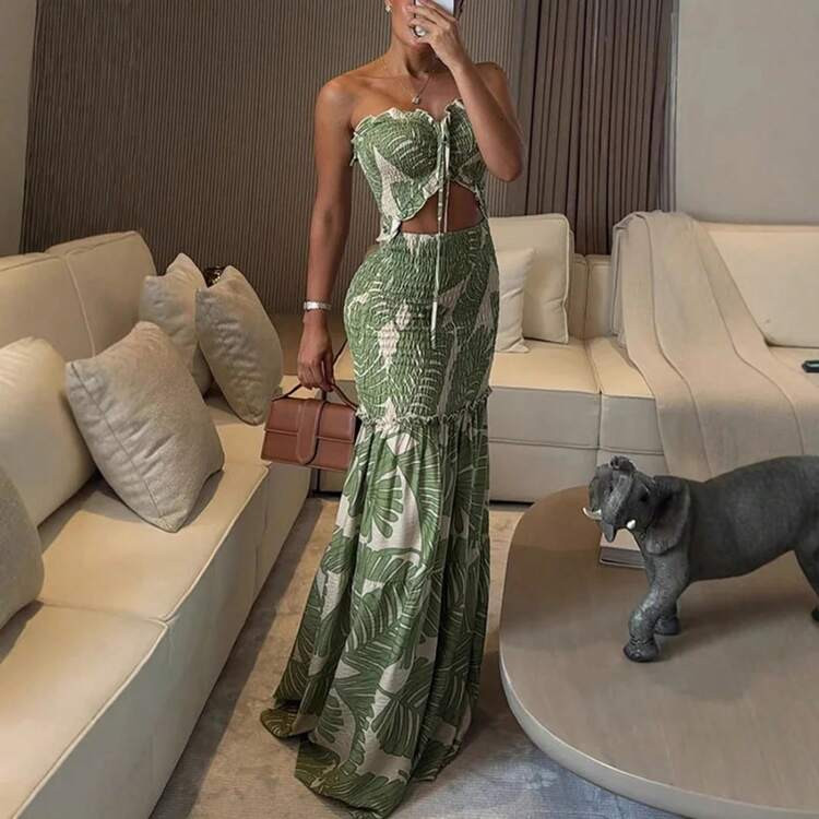 Women Elegant Off Shoulder Pleat Evening Dress Spring Summer Print Halter Long Dress 2025 Sexy Hollow Chest Wrapping Beach Dress | SHEIN