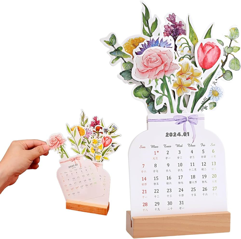 2024 Bloomy Flowers Desk Calendar, Creative Design Vase-Like Desk Calendar, Wooden Base and Premi... | Amazon (US)