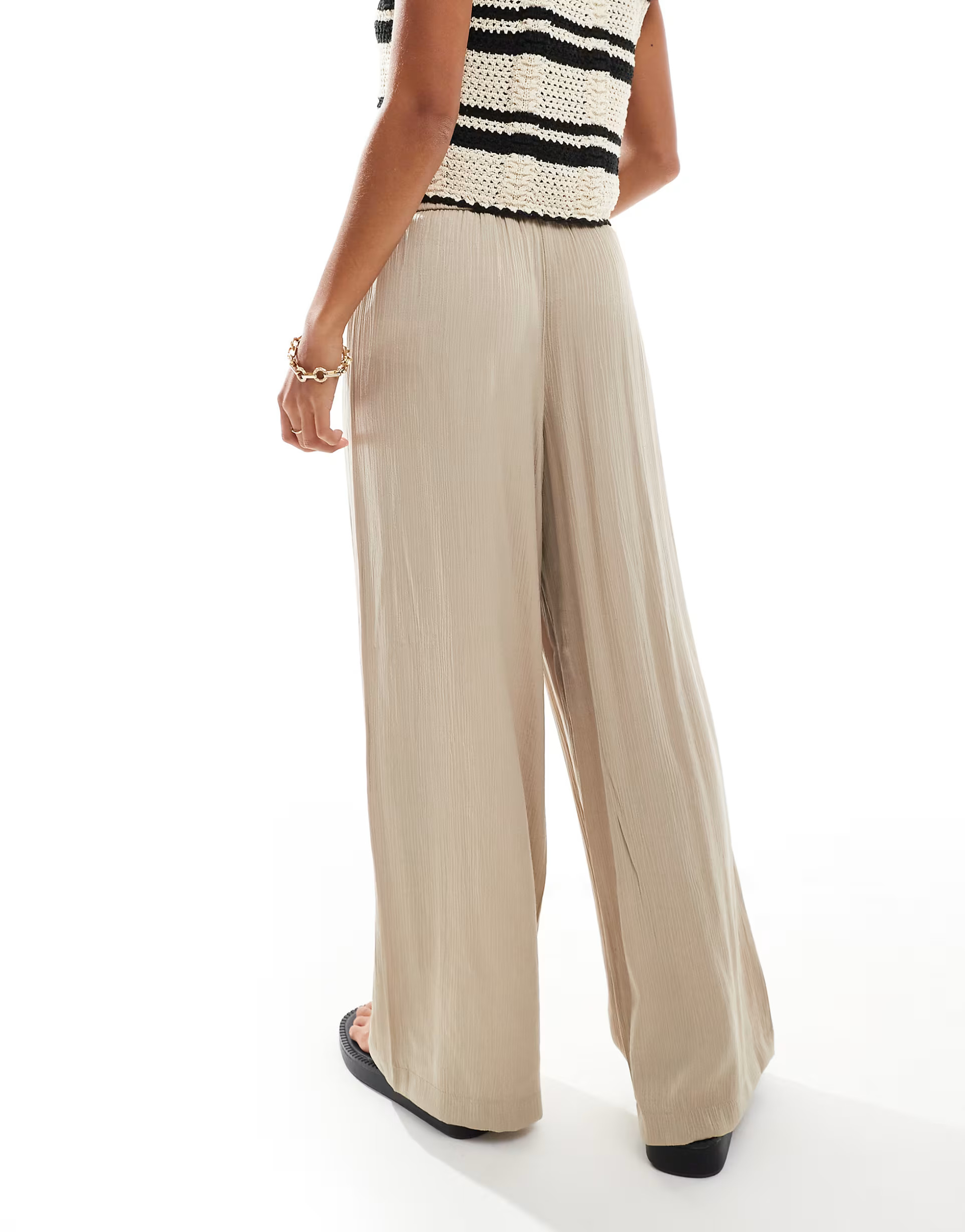 Vila Petite weighted plisse satin feel wide leg trousers in beige | ASOS | ASOS (Global)
