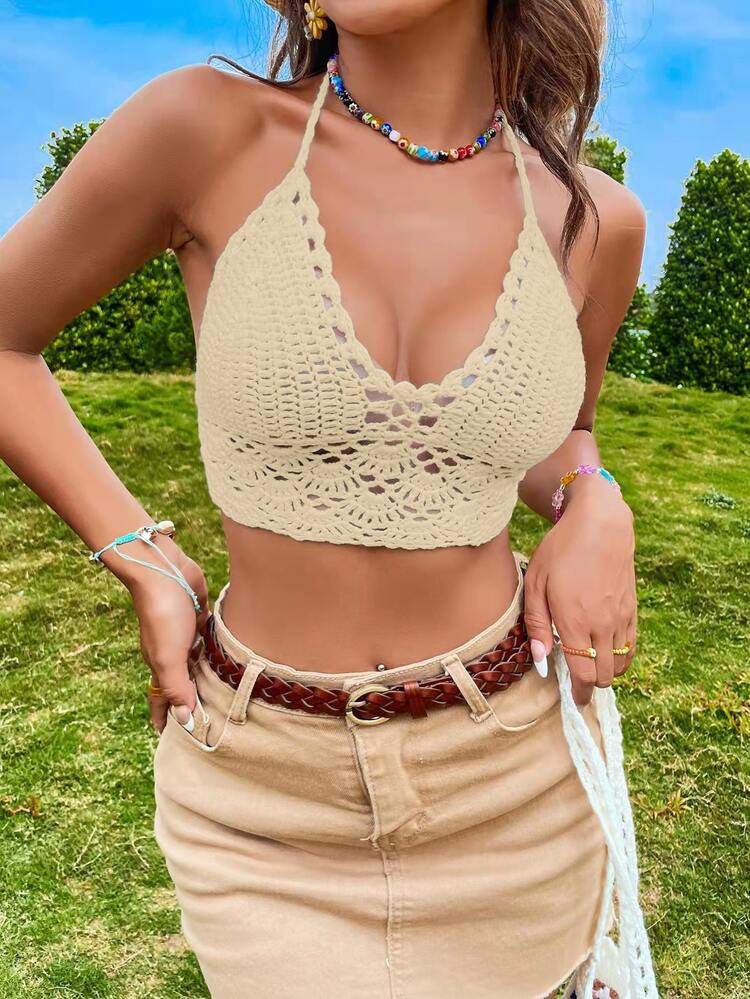 Crochet Tie Backless Halter Knit Top | SHEIN