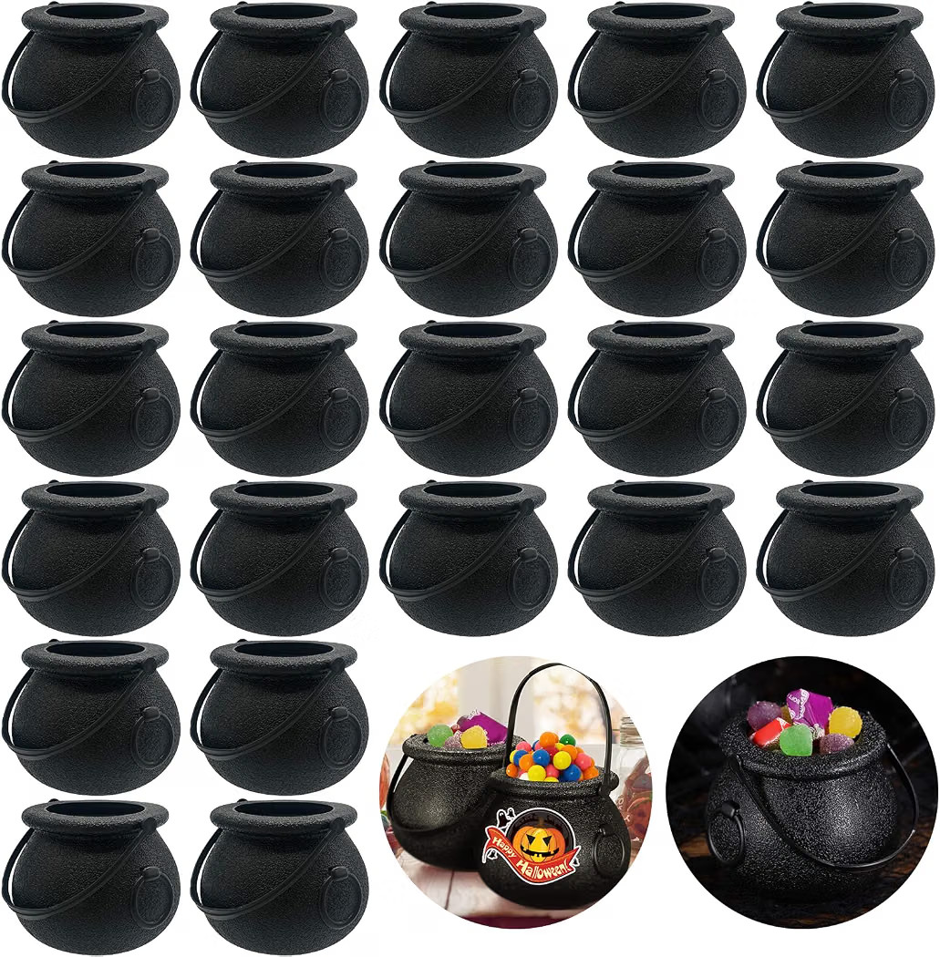 Lshfwn 24 Pack Plastic Cauldron,Black Mini Witch Cauldron with Handle,Halloween Candy Cauldron Ke... | Amazon (US)