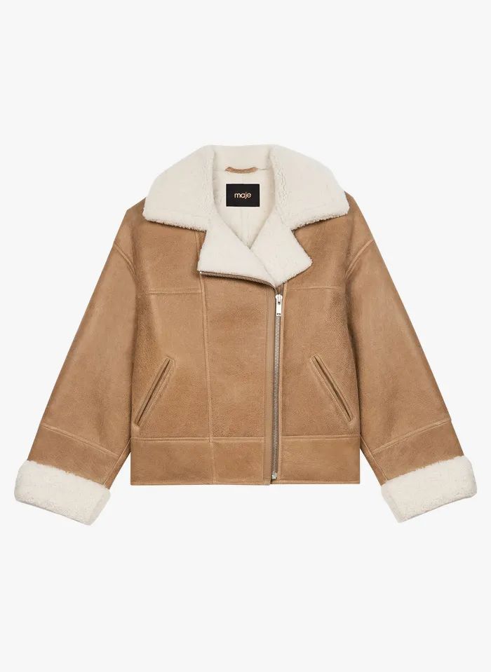 MANTEAU COL TAILLEUR EN PEAU LAINÉE CAMEL MAJE - FEMME | Place des Tendances | Place des tendances (FR)