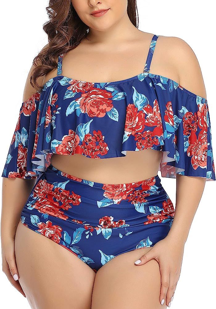 Women Plus Size Swimwear Two Piece Ruffled Bikini Off Shoulder High Waist | Amazon (US)