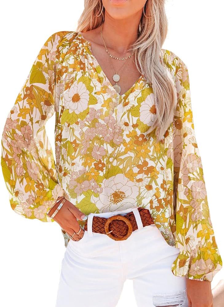Happy Sailed Womens Boho Floral Print V Neck Tops Casual Long Sleeve Drawstring Blouses Shirts(S-XXL | Amazon (US)