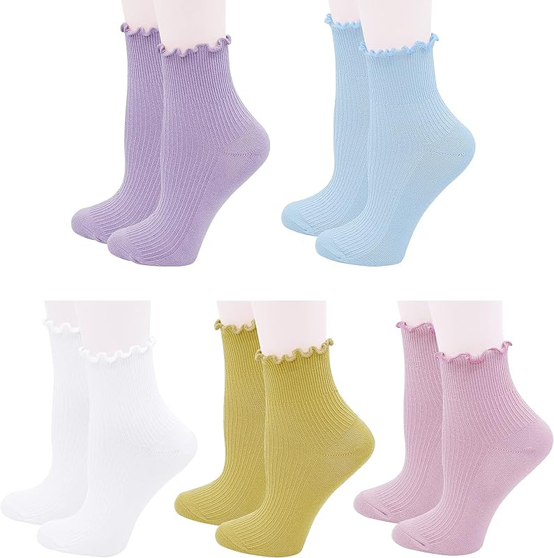 Lovful 5 Pack Ankle Socks for Women, Ruffle Cuff Cotton Crew Socks, Frilly Knit Lettuce Cute Low ... | Amazon (US)