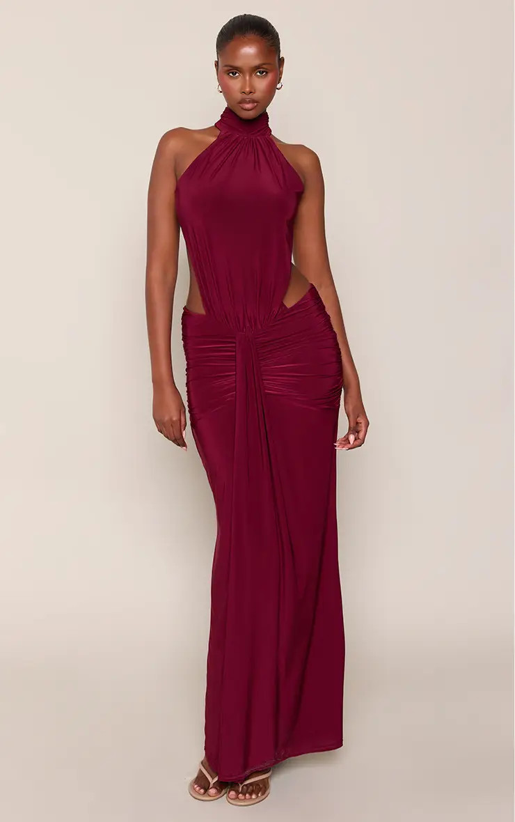 Burgundy Slinky High Neck Drape Detail Backless Maxi Dress | PLT | PrettyLittleThing UK