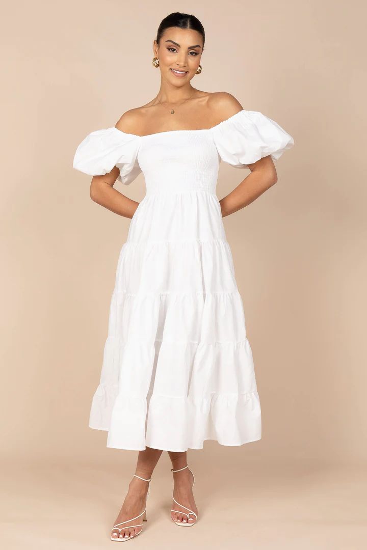 Annette Puff Sleeve Shirred Midi Dress - White | Petal & Pup (US)