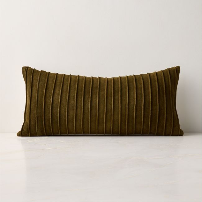 Gathered Olive Green Suede Lumbar Pillow with Down-Alternative Insert 23""x11 | CB2