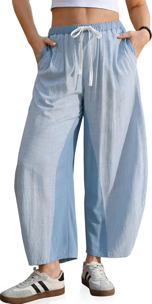 TARSE Womens Wide Leg Barrel Pants Striped Drawstring Elastic Waist Loose Fit Summer Boho Casual Trendy Pants with Pockets | Amazon (US)