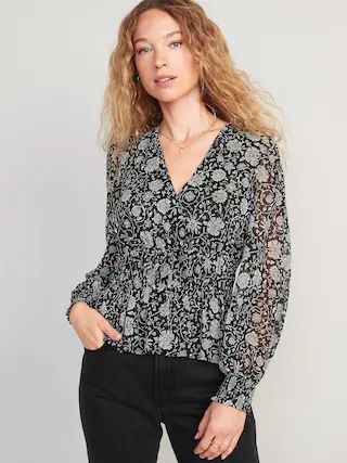 Puff-Sleeve Floral-Print Smocked Tie-Front Blouse for Women | Old Navy (US)