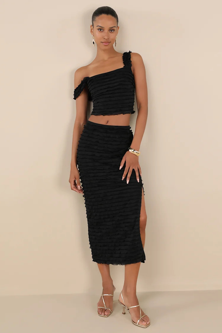 Arcelia Black Ruffled High-Rise Midi Skirt | Lulus