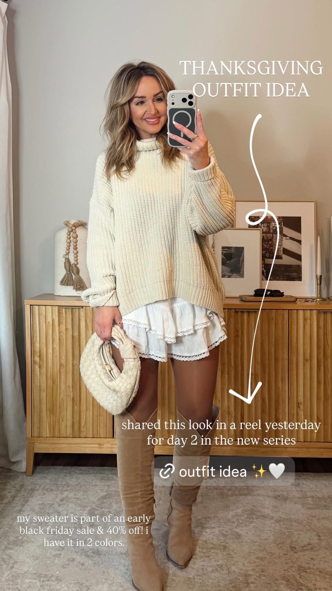 thanksgiving outfit idea! oversized sweater + skort. i’m in a size S sweater, size M skort. for anything vici code LEANN30 saves 30% off your cart. holiday outfit, neutral fall outfit amazon, free people 