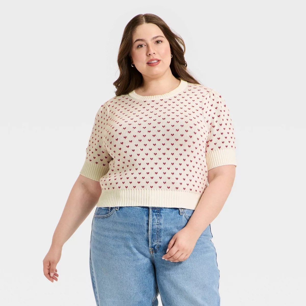 Women's Elbow Sleeve Valentine's Day Hearts Crewneck Pullover Sweater - Universal Thread™ Cream... | Target