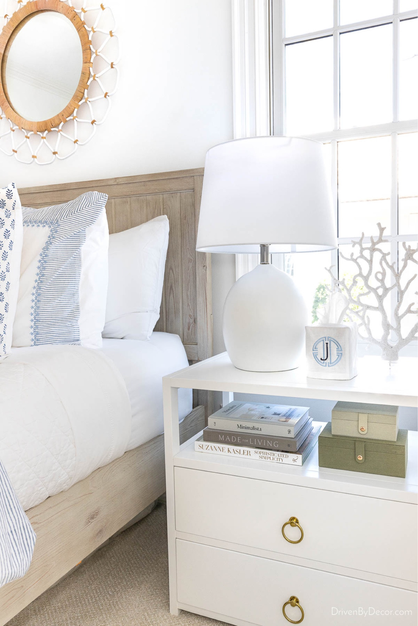 Our white nightstand, round lamp, weathered wood bed and accessories in our guest bedroom  

#LTKFindsUnder100 #LTKHome #LTKFindsUnder50