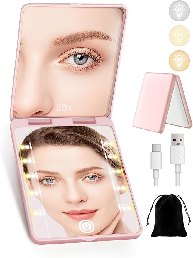 Compact Mirror, Rechargeable 30X Magnifying Mirror with 3 Lighting Modes & Dimmable Brightness, P... | Amazon (US)