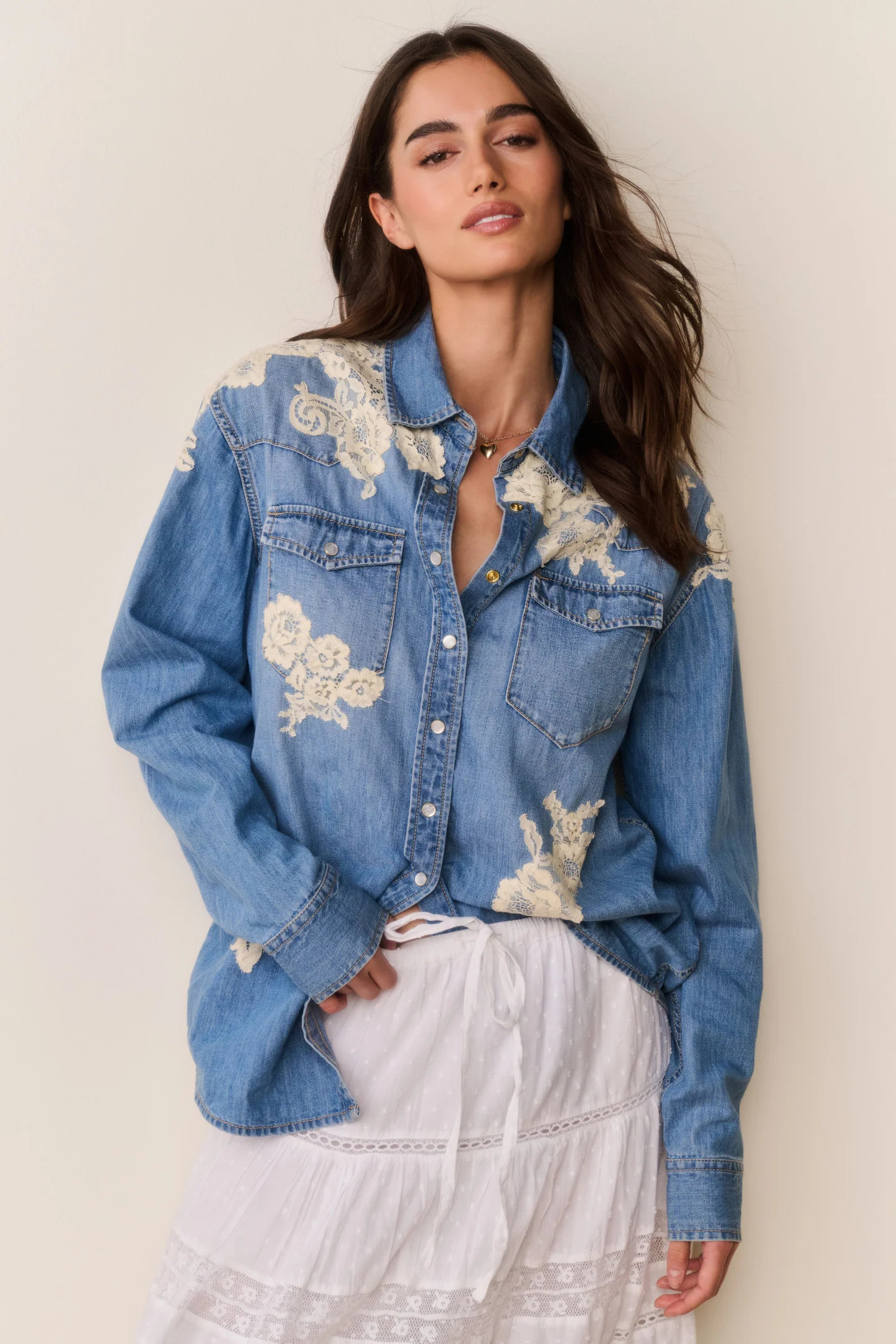 Kelith Lace Patchwork Chambray Shirt | LoveShackFancy