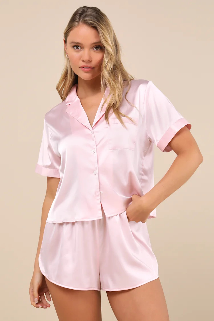 Pleasant Dreams Pink Satin Two-Piece Pajama Set | Lulus