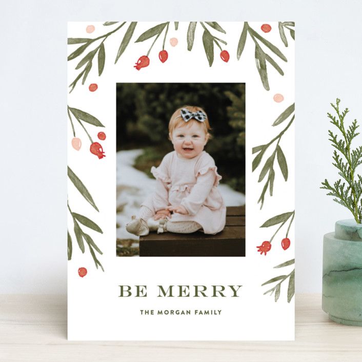 "Winter Harvest" - Customizable Holiday Photo Cards in Green, Pink or Red by Oscar & Emma. | Minted