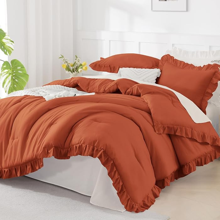 Oversized King Comforter Set, 3 Pcs Terracotta Ruffle Chic | Amazon (US)