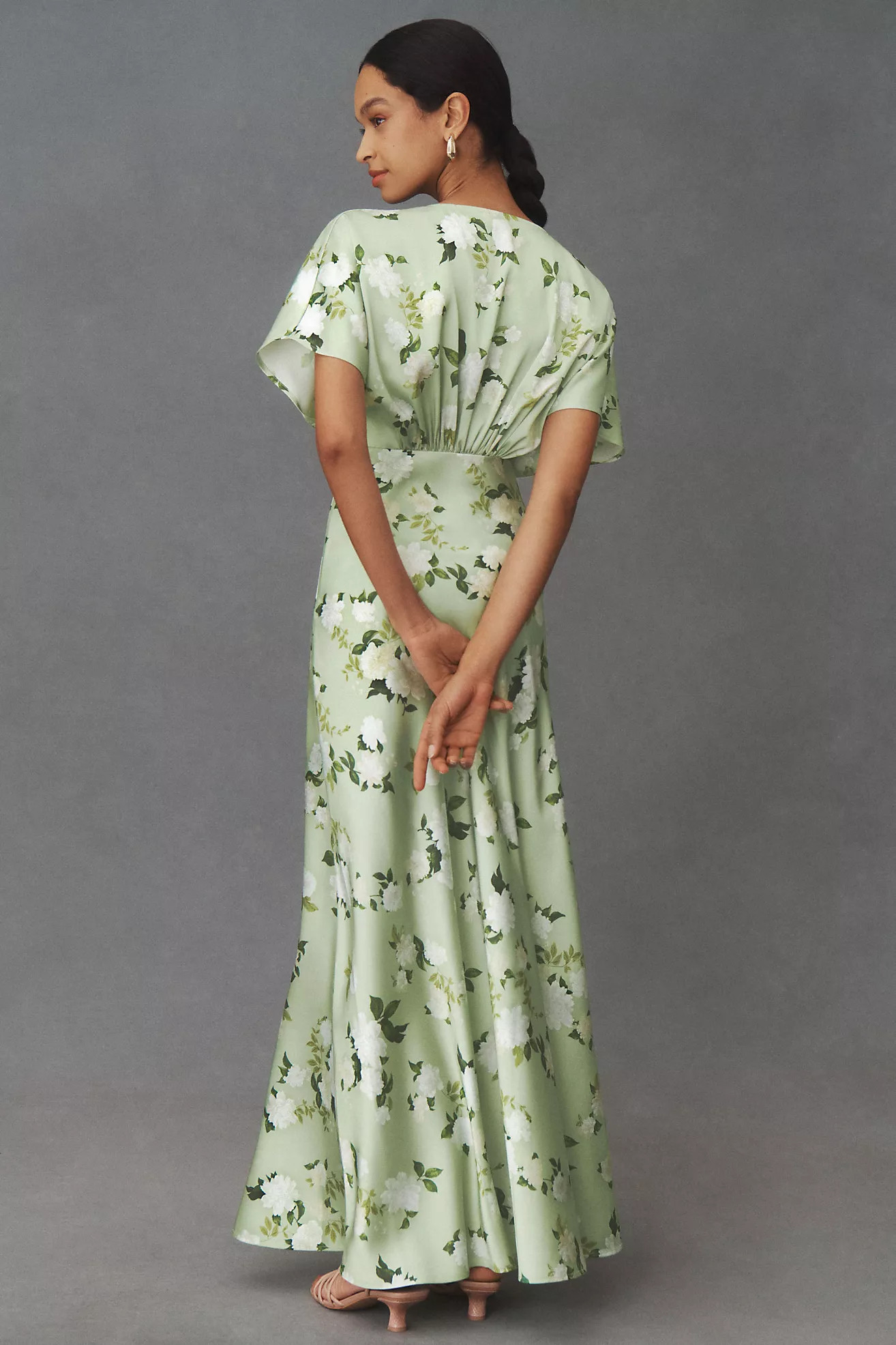 BHLDN Leila Deep-V Flutter-Sleeve Satin A-Line Gown | Anthropologie (US)