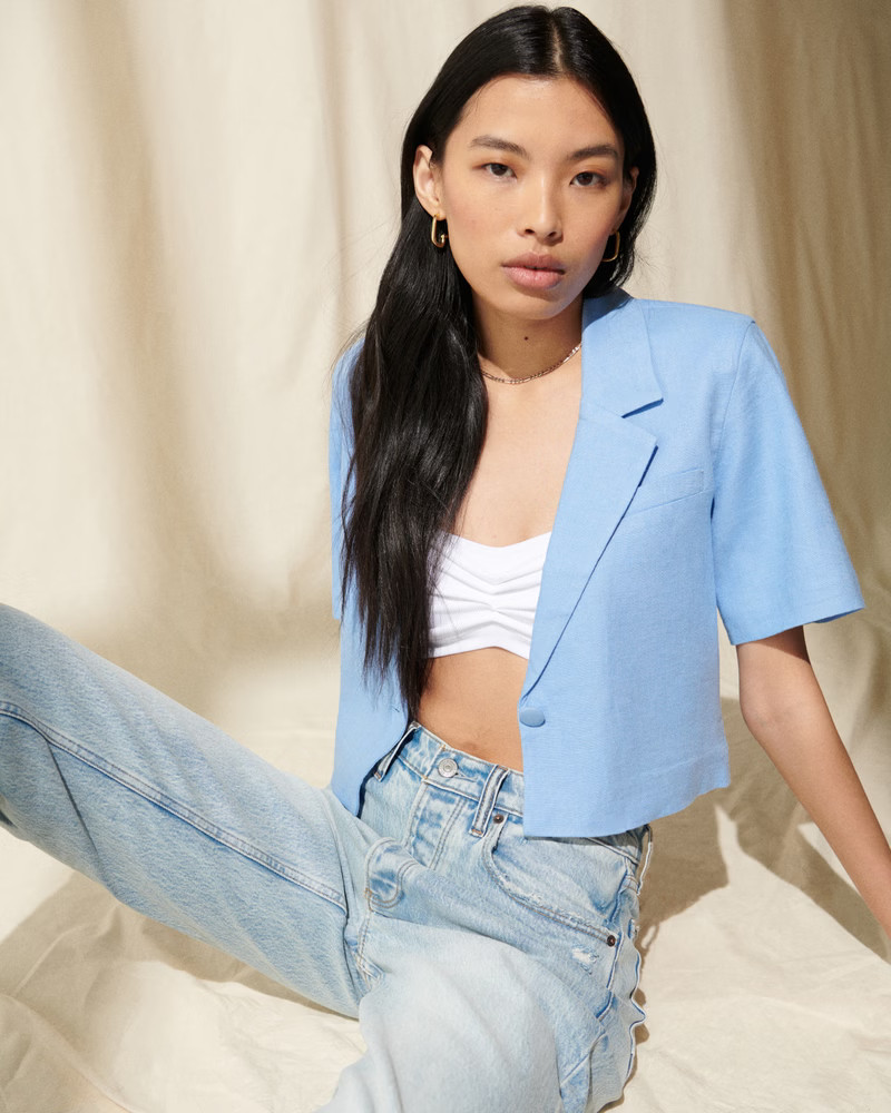 Women's Linen-Blend Short-Sleeve Cropped Blazer | Women's Coats & Jackets | Abercrombie.com | Abercrombie & Fitch (US)