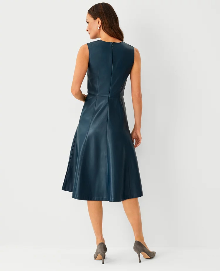 Faux Leather Split Neck Flare Dress | Ann Taylor (US)