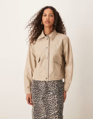 JDY faux leather jacket with collar in beige | ASOS (Global)