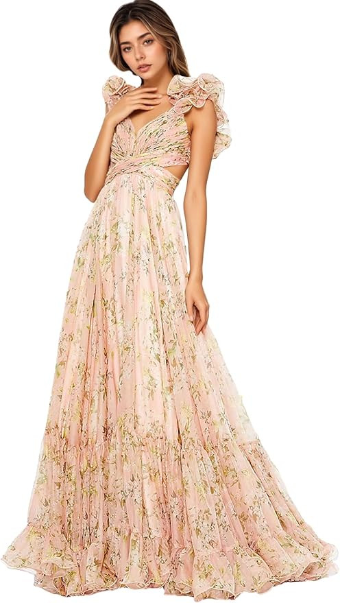 Lawrncedw Chiffon Ruffle Prom Dress for Women V Neck Long Bridesmaid Dresses Backless Formal Even... | Amazon (US)