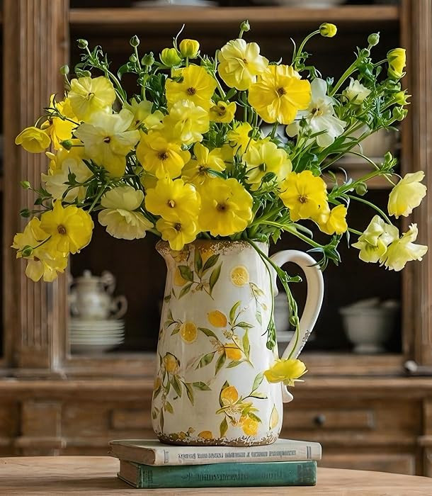 Vintage Lemon Ceramic Vase with Handle, Retro Ice Glazed Crack Farmhouse Pitcher Vase for Home De... | Amazon (US)