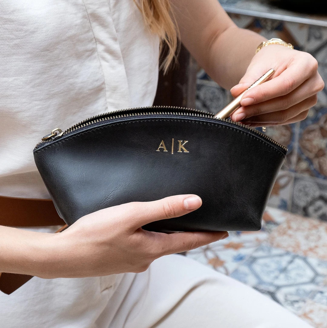 Monogrammed Leather Makeup Bag, Custom Makeup Bag, Bridesmaid Makeup Bags, Personalized Makeup Ba... | Etsy (US)