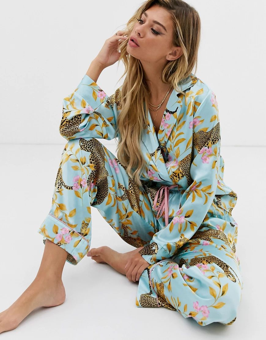 ASOS DESIGN leopard botanical traditional satin pyjama set-Blue | ASOS (Global)