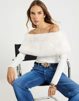 River Island Faux fur trim bardot jumper in cream | ASOS (Global)