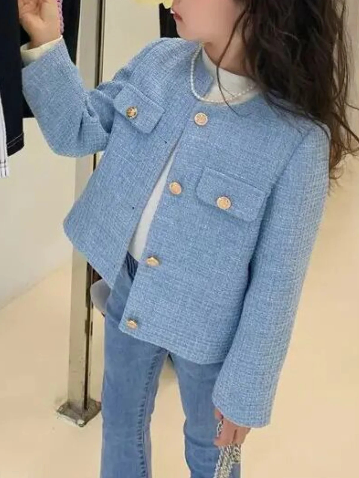 Stylish Girls' Button-Front Tweed Jacket Blue / 24MON | Mia Belle Girls