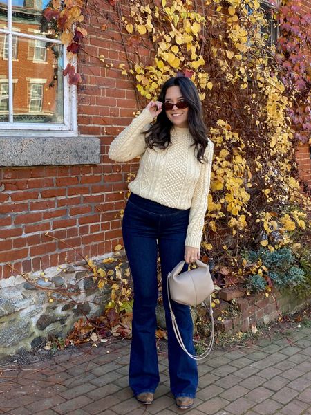 cozy fall outfit idea: fisherman knit sweater and flare jeans! Would look so cute for thanksgiving, plus these jeans are sooo comfy and stretchy! 

#LTKSeasonal #LTKstyletip #LTKHoliday