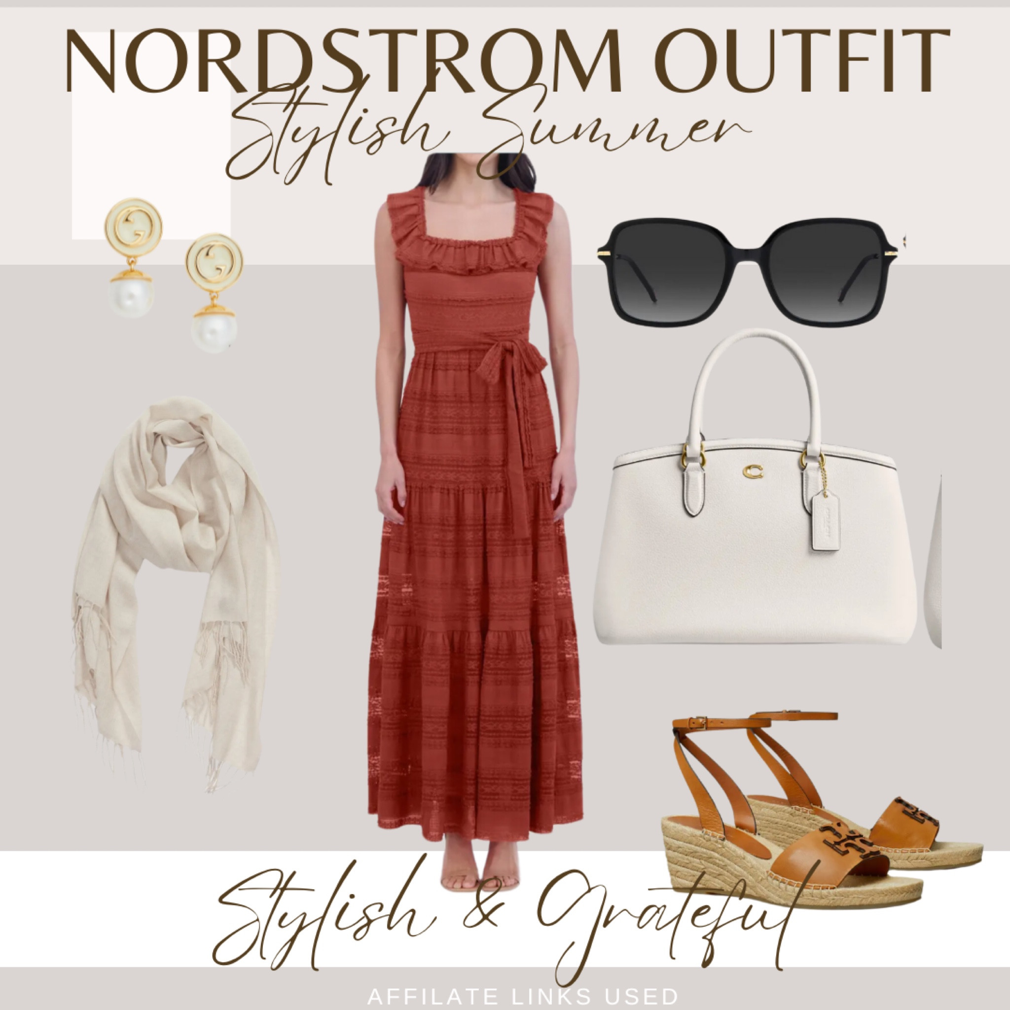 Elevate your summer style with this elegant outfit from Nordstrom. The centerpiece is a beautiful rust-colored maxi dress with charming ruffle details and a tie waist, offering a perfect blend of comfort and sophistication. Complement the dress with tan espadrille wedges for a touch of height and elegance. Accessorize with classic pearl drop earrings and chic black sunglasses. A versatile white handbag adds a refined touch, while a light scarf provides a cozy option for cooler evenings. Shop this stylish and graceful summer ensemble now! #StylishAndGrateful #SummerFashion #NordstromOutfit #ElegantStyle #AffiliateLinks

#LTKOver40 #LTKSummerSales #LTKSeasonal
