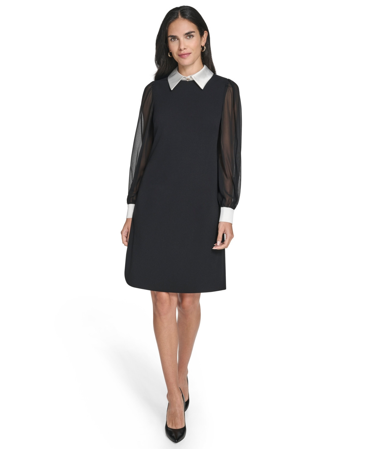 Jessica Howard Petite Bishop Sleeve Shirt Collar Sheath Dress - Black/Ivory | Macy's