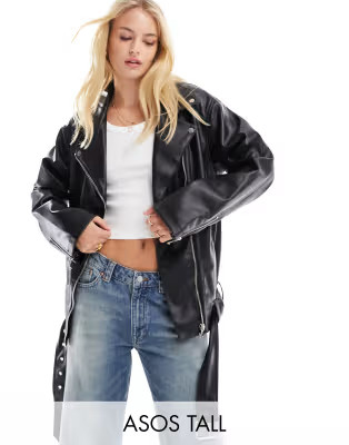 ASOS DESIGN Tall longline oversized faux leather biker jacket in black | ASOS (Global)