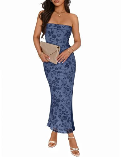 MEROKEETY Women's 2026 Summer Floral Strapless Dress Bodycon Tube Slit Mesh Wedding Guest Cocktail Party Maxi Dresses, Dustyblue, X-Large | Amazon (US)