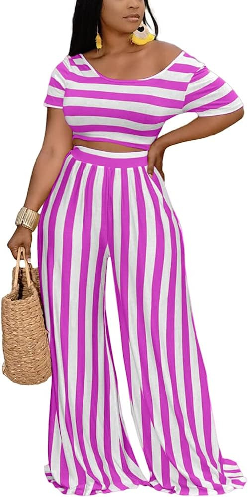 2 Piece Outfits for Women Sexy Backless Short Sleeve Crop Top High Waist Wide Leg Long Pant Sets ... | Amazon (US)