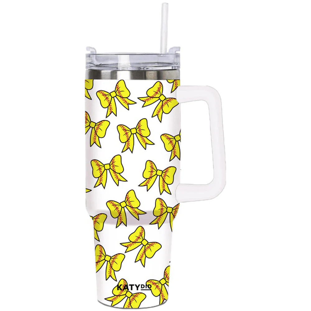 Softball Bow Stainless Steel Tumbler with Handle | Katydid.com