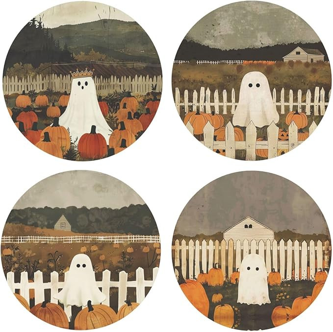 4 Pack Cute Halloween Pumpkin Ghost Cork Coasters for Drinks, Non-Slip Cute Holiday Cork Coasters... | Amazon (US)