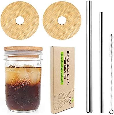 Mason Jar Lids with Straw, ECO Reusable Bamboo Lids, Wide Mouth Mason Jar Tumbler Lids, Mason Jar... | Amazon (US)