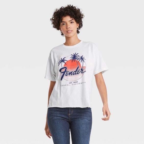 Women's Fender Palm Tree Short Sleeve Cropped Oversized Graphic T-Shirt - White | Target