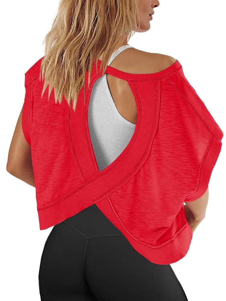 Panadila Womens Open Back Workout Top Oversized Workout T Shirts Backless Athletic Shirt Short Sl... | Amazon (US)